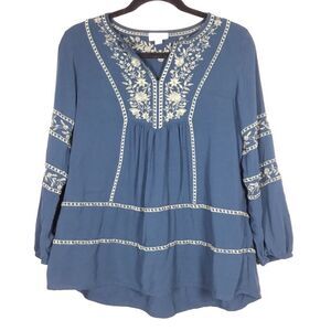 Teal green long sleeve top light sage green embroidery hippie boho XS petite